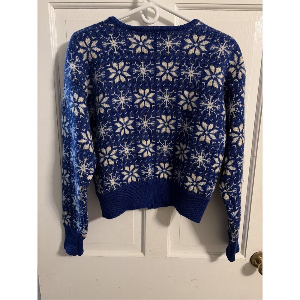 VTG Women Cardigan Sweater Blue White L Wool Nordic Fair Isle Snowflake Winter - Picture 7 of 12
